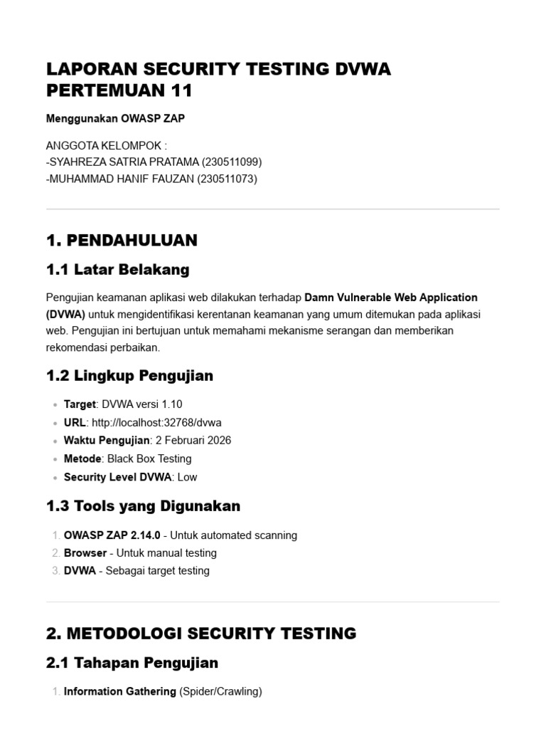 Laporan Security Testing Dvwa Kelompok | PDF