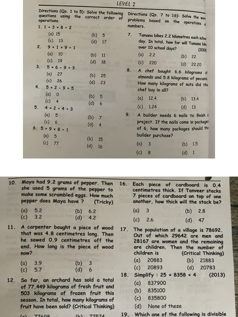 IMO Level 2 Class 5- Operations on Numbers | PDF