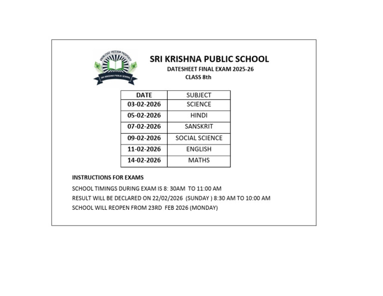 Class 8 Final Datesheet 2025-26 | PDF