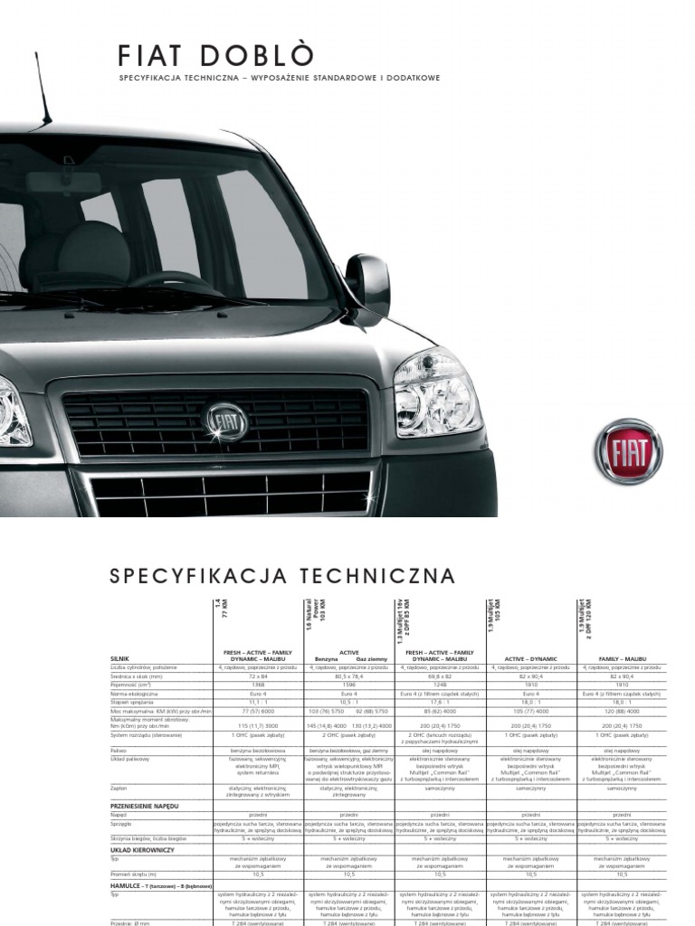 Fiat Doblò Specyfikacja Techniczna Wyposa˚Enie