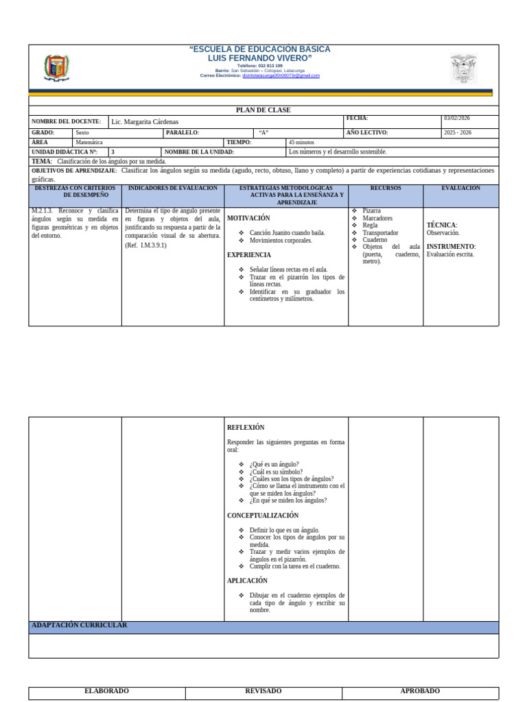 Plan de Clase 6A - 2026 | PDF | Salón de clases | Aprendizaje
