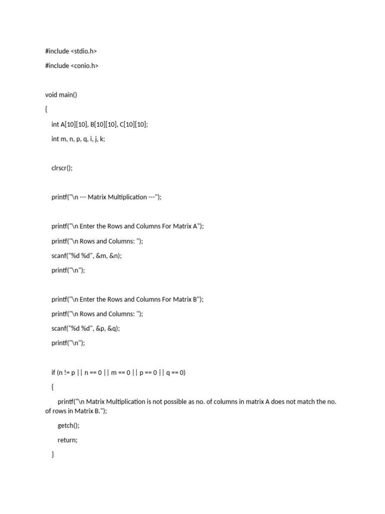 c Code for Matrix Multiplication | PDF | Matrix (Mathematics ...