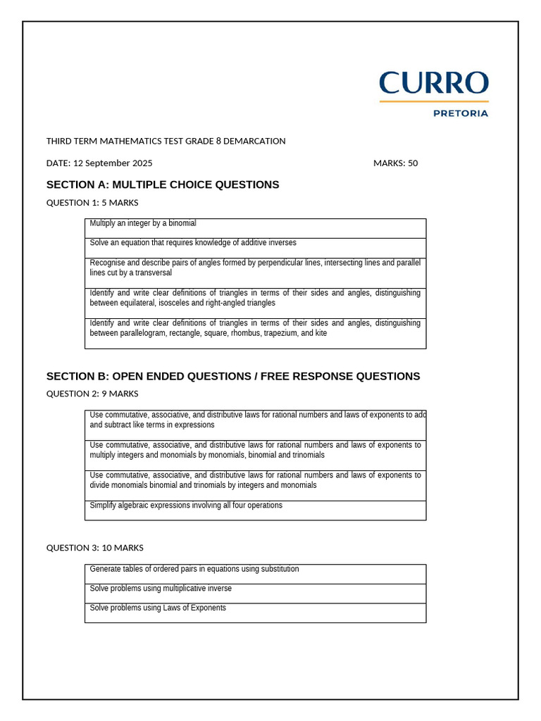 Third Term Mathematics Test Grade 8 Demarcation 2025 | PDF ...