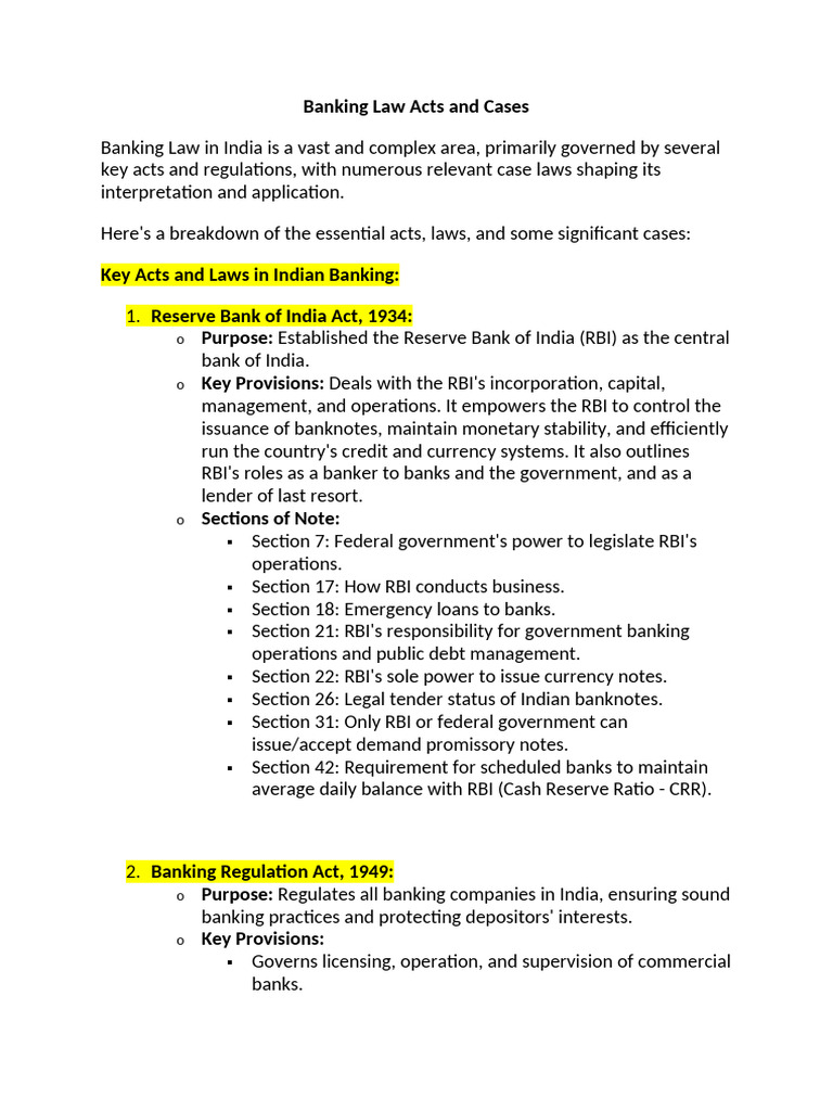 Banking Law Acts and Cases | PDF | Banks | Reserve Bank Of India