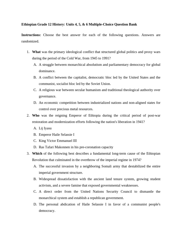 Ethiopian Grade 12 History Worksheet 22222 | PDF | Ethiopia