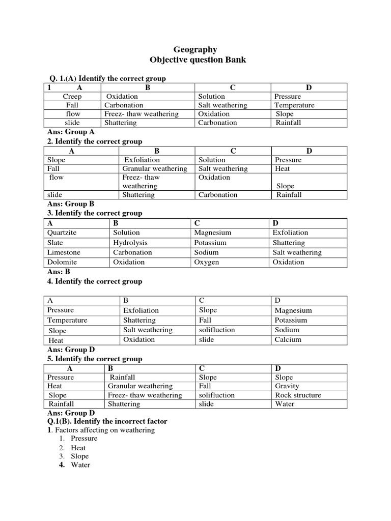 Objective Question Bank - Term Exam Answer Key | PDF | Weathering | Erosion