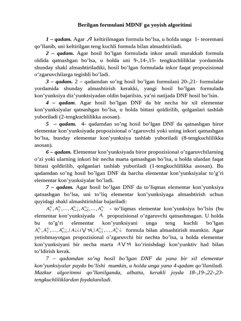 Berilgan Formulani MDNF Ga Yoyish Algoritimi | PDF