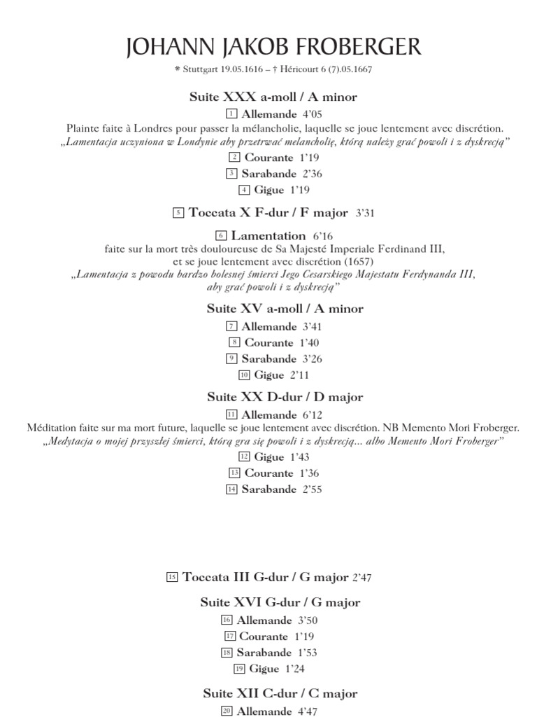 FROBERGER pour passer la mélancholie | PDF | Suite (Music) | Baroque Music