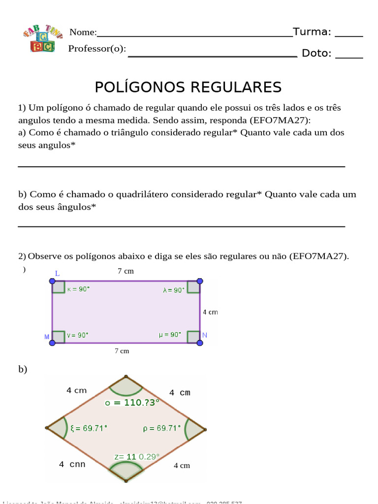 Matemática - 7 Ano - 4B | PDF | Polígono | Triângulo