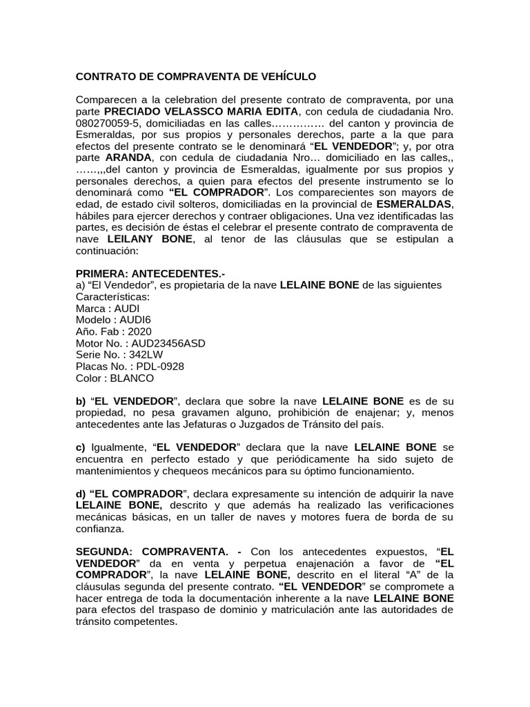 Contrato de Compra Venta de Vehiculo | PDF