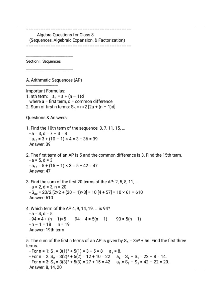 Algebra Questions for Class 8 | PDF | Mathematics | Number Theory