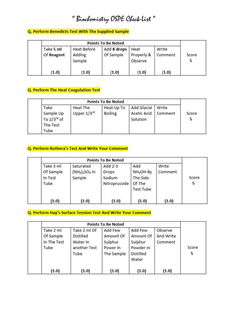 Biochemistry OSPE CheckList + OSPE Questions All | PDF | Saline ...
