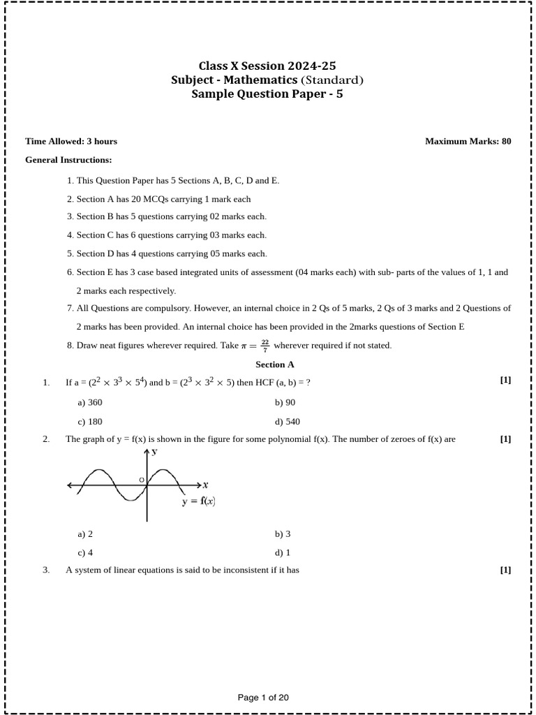 CBSE Sample Paper Class 10 Maths (Standard) 2025 Set 5 PDF Download PDF ...