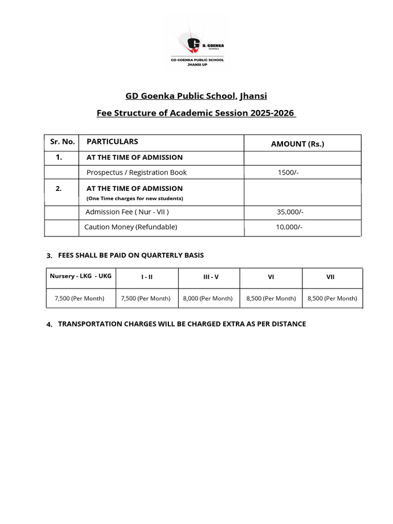 Fee Structure of GD Goenka Public School Jhansi 12 | PDF