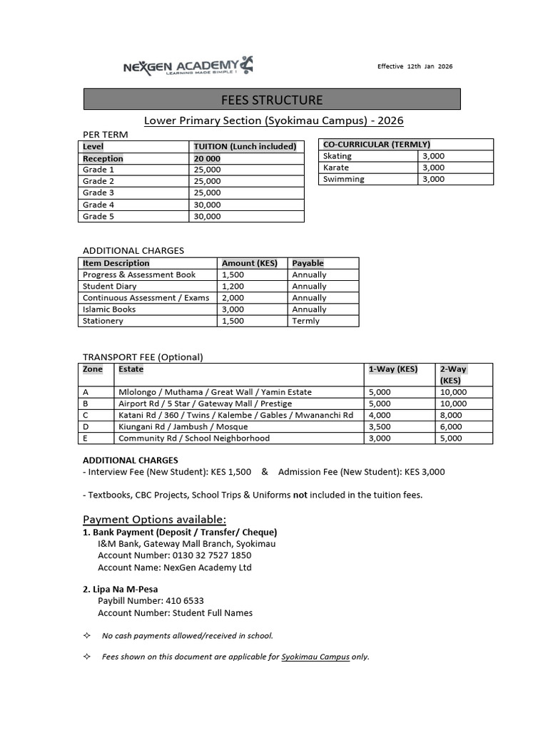 Fees Structure Lower Primary | PDF