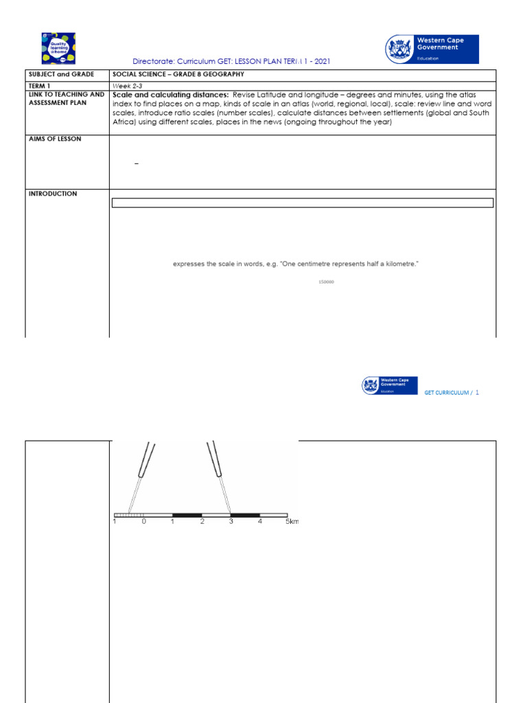 Lesson Plan SP Grade 8 SS Geography T1 W2 | PDF | Distance | Map