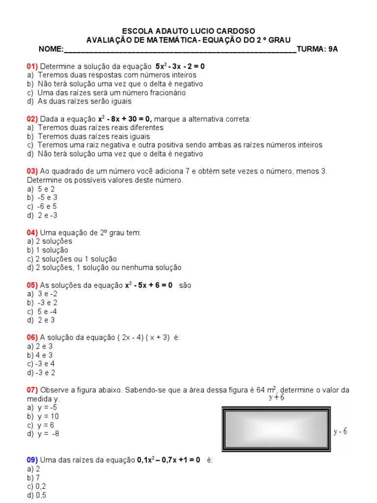 Avaliação de Matemática: Equações 2º Grau | PDF | Equações | Objetos ...