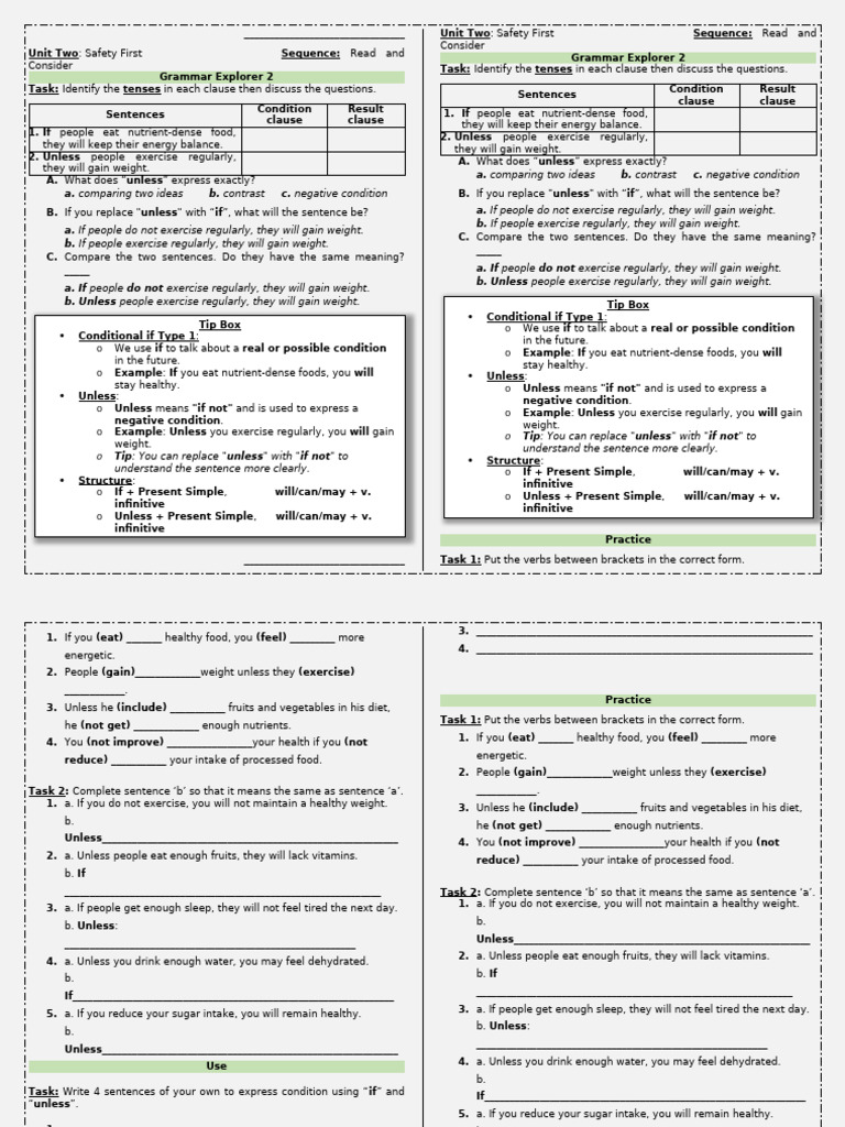 Grammar Explorer 1 - Conditional If + Unless - Handout | PDF | Clause ...