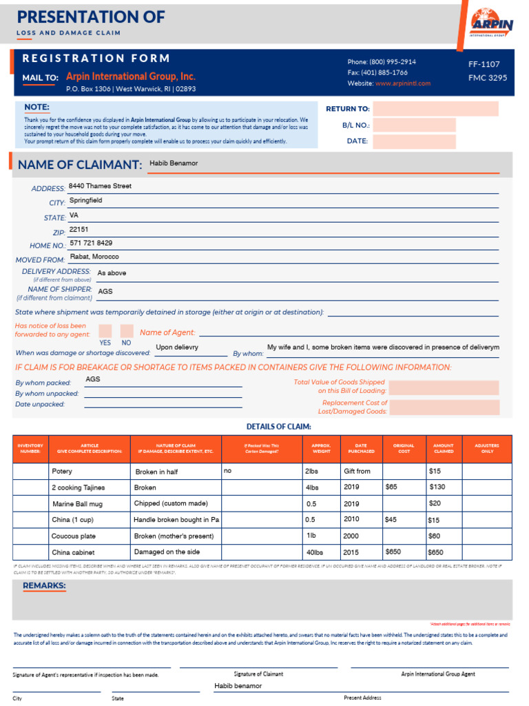 Claim Form Arpin | PDF