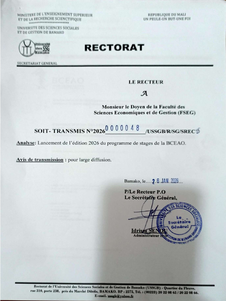 Programme de Stages de La BCEAO 2026 | PDF