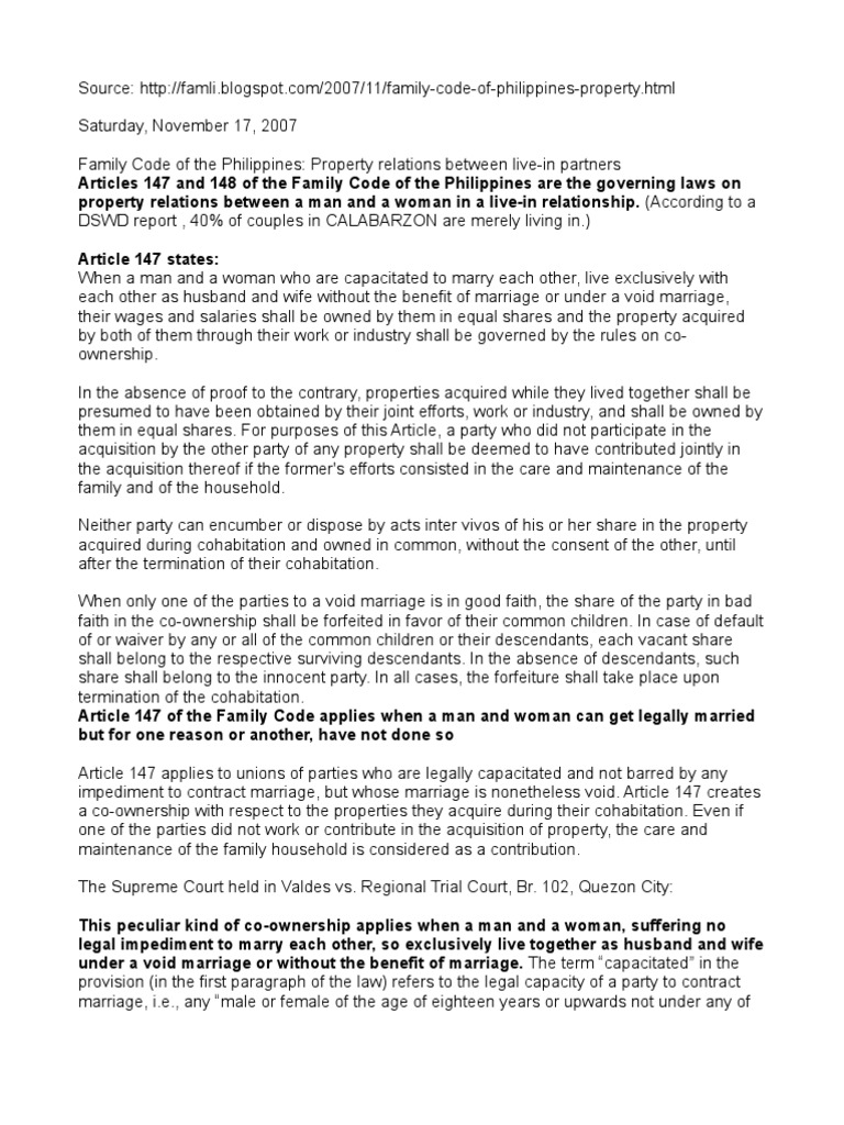 Property Relations in Live-In Partnerships | PDF | Marriage | Evidence