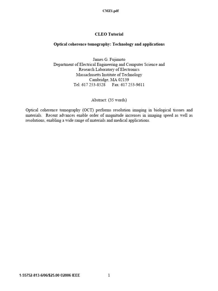 CLEO Tutorial Optical Coherence Tomography Technology and Applications ...
