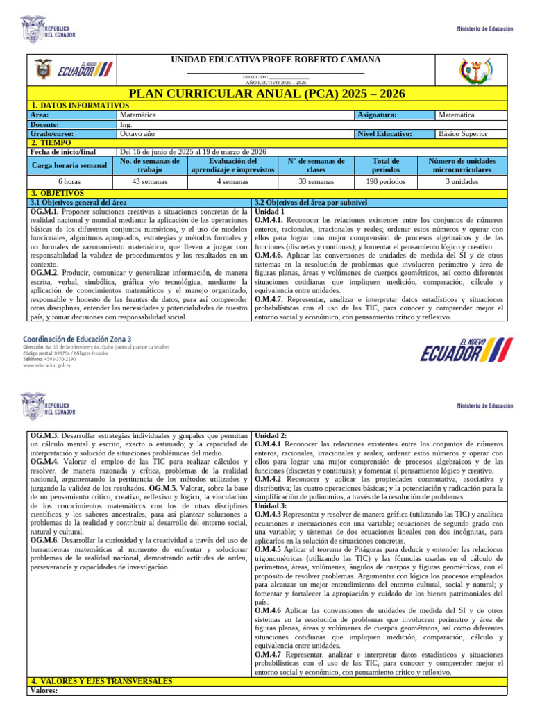 Modelo de Plan Curricular Anual PCA 2025-2026 | PDF | Ecuaciones ...