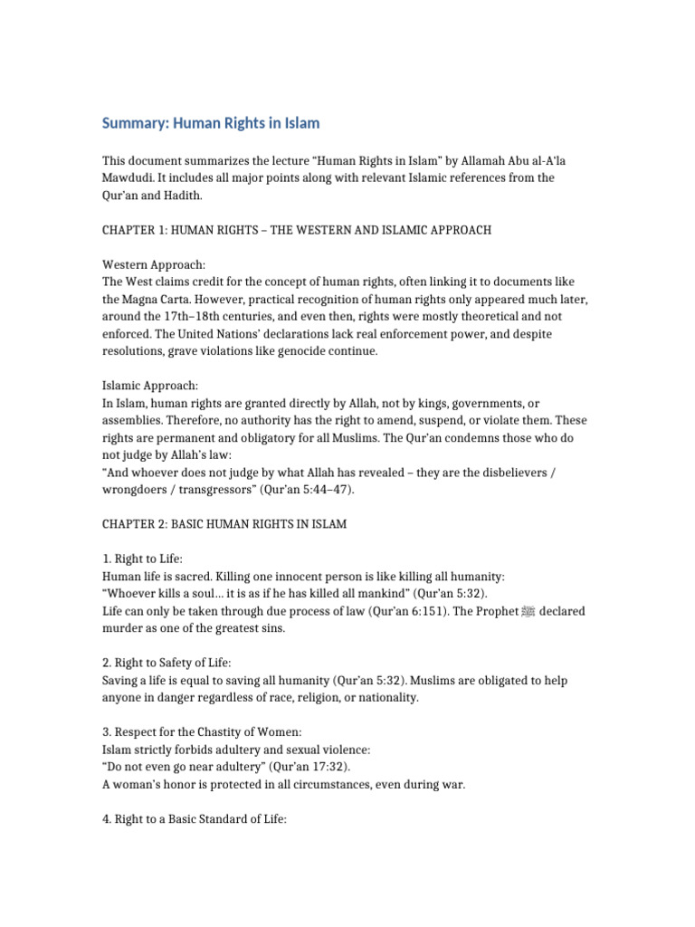 Human Rights in Islam Summary | PDF | Quran | Islam