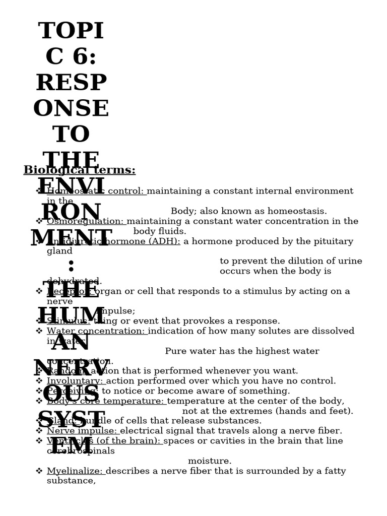 Topic 6 Human Response on Environment | PDF | Nervous System | Spinal Cord