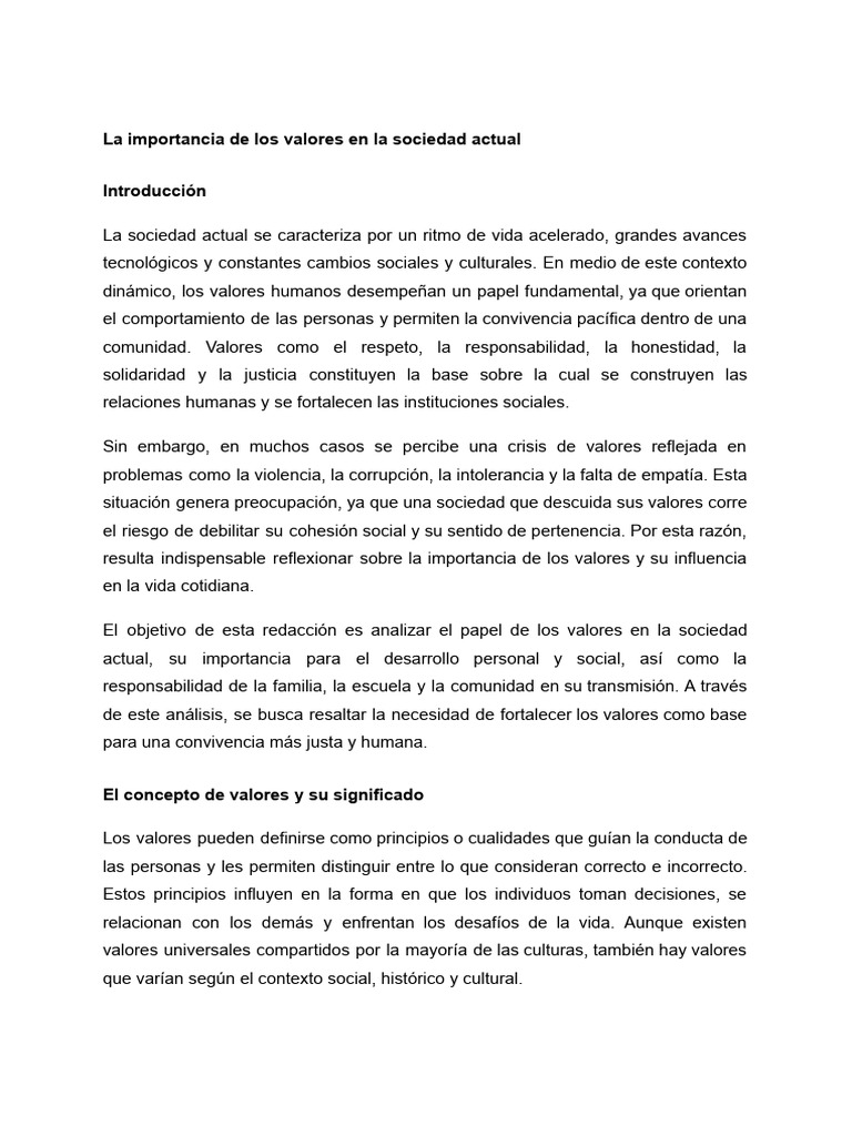 La Importancia de Los Valores en La Sociedad Actual | PDF | Familia ...