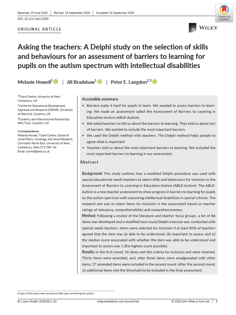 2020 - Howell - JIF 1.3 - Barriers To Learning For Pupils On The Autism ...