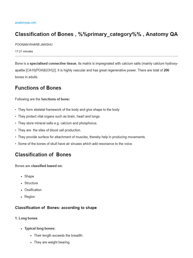 Classification of Bones, %%primary - Category%%, Anatomy QA - Reader ...