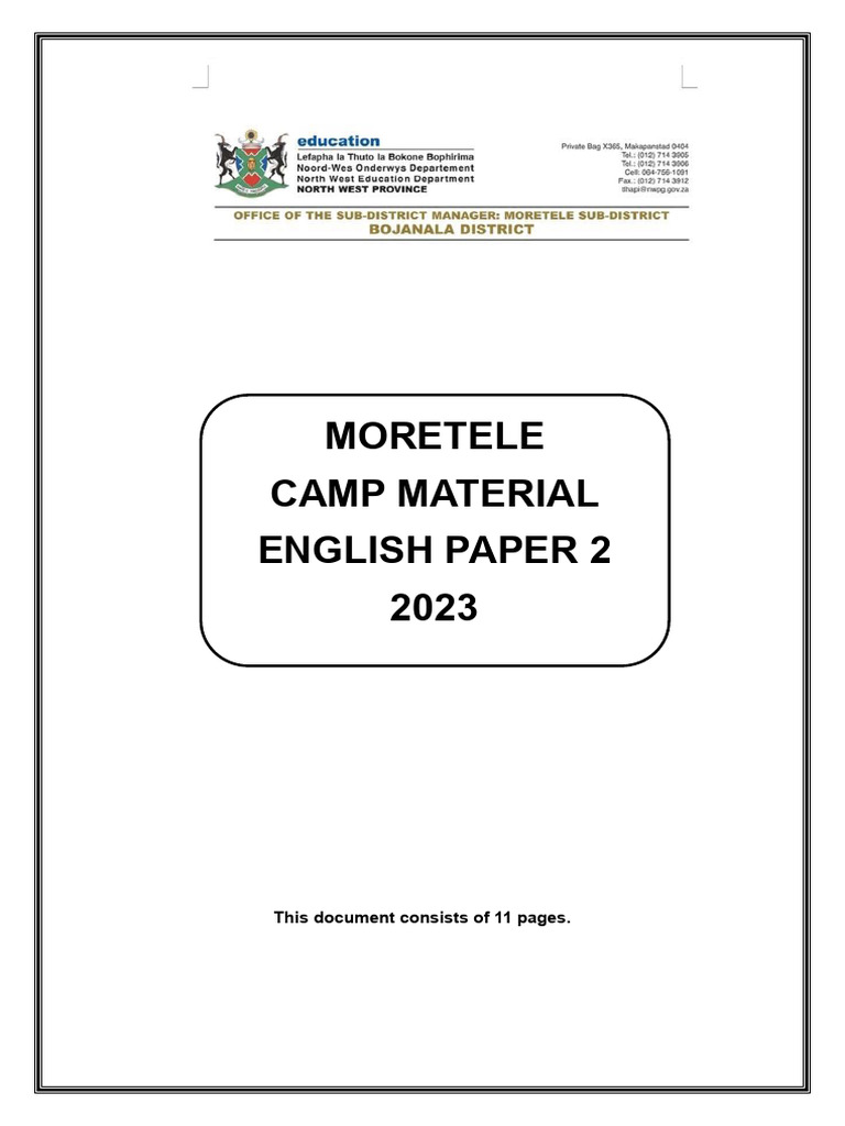 Moretele Camp Material English Paper 2 2023: This Document Consists of ...