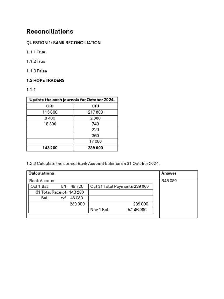 Reconciliations Question 1 Bank Reconciliation | PDF