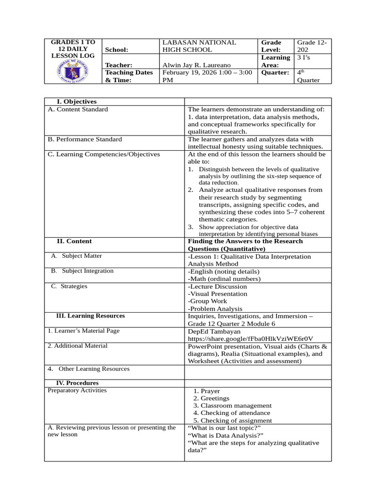 Lesson Plan 3i's - Week 2 Lesson 1 | PDF | Qualitative Research | Data