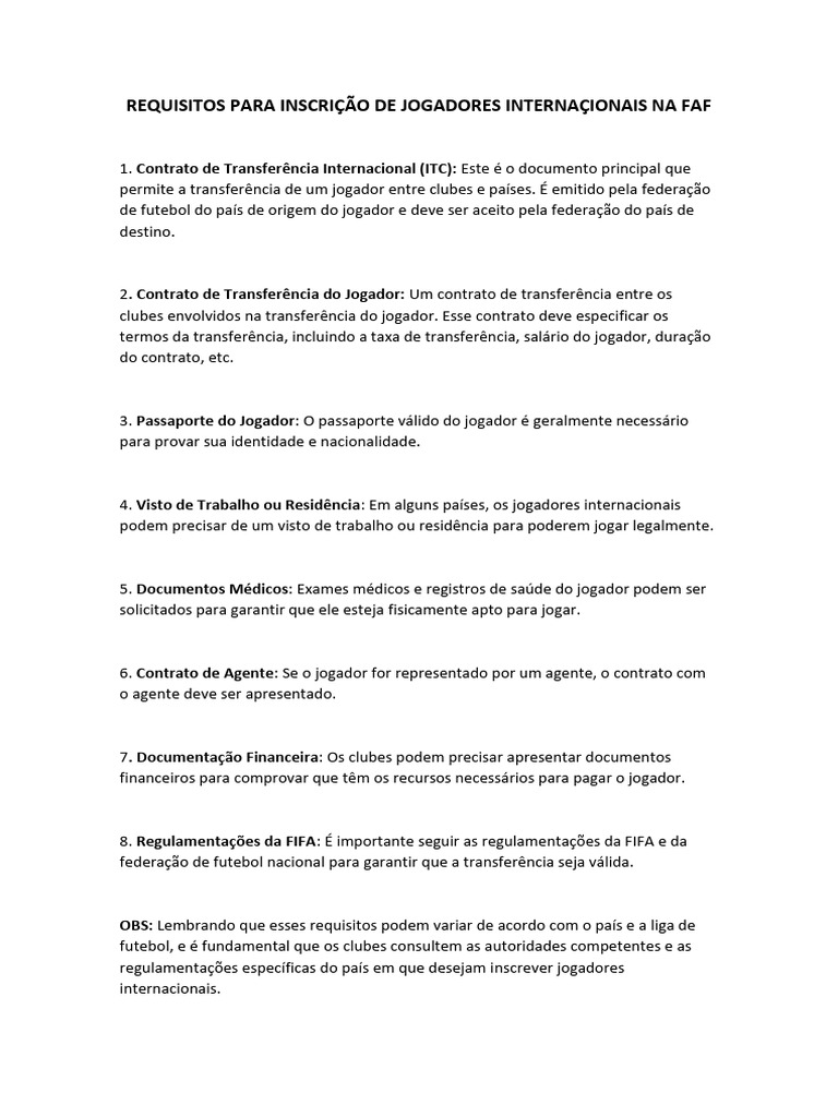 Requisitos para Inscrição de Jogadores Internaçionais Na Faf | PDF
