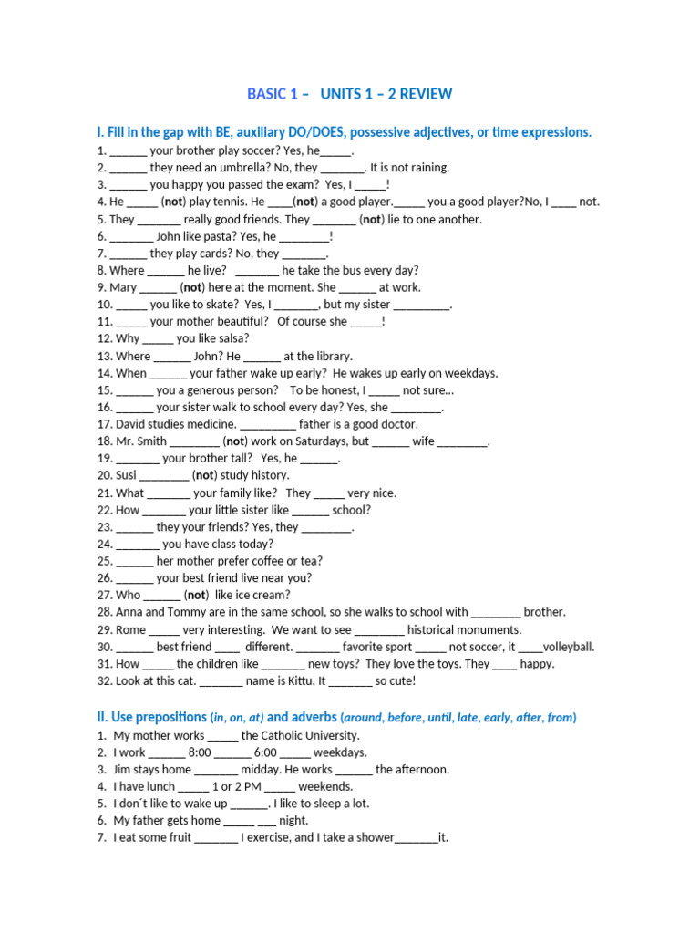 Basic 1 Units 1 - 2 Review | PDF | Grammar | Syntax