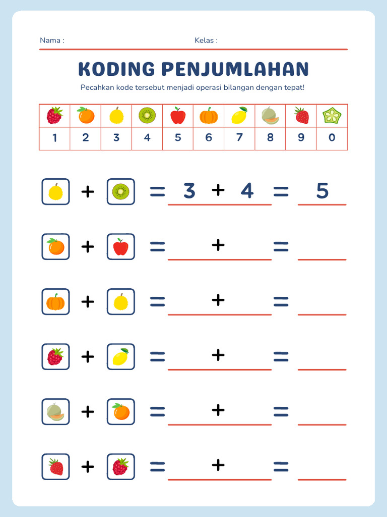 Lembar Kerja Koding Penjumlahan Angka Satuan Dalam Gaya Ilustrasi Buah ...