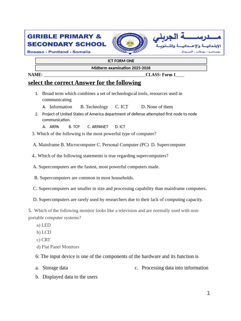 Form One Mid Term 2026 | PDF | Computer Monitor | Personal Computers