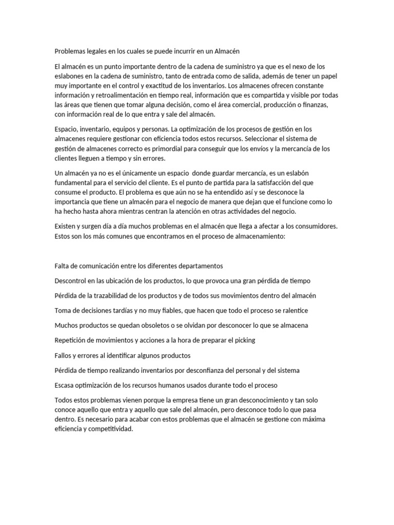 Problemas Legales en Los Cuales Se Puede Incurrir en Un Almacén | PDF ...