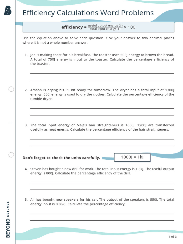 Efficiency Calculations Word Problems - Worksheet | PDF
