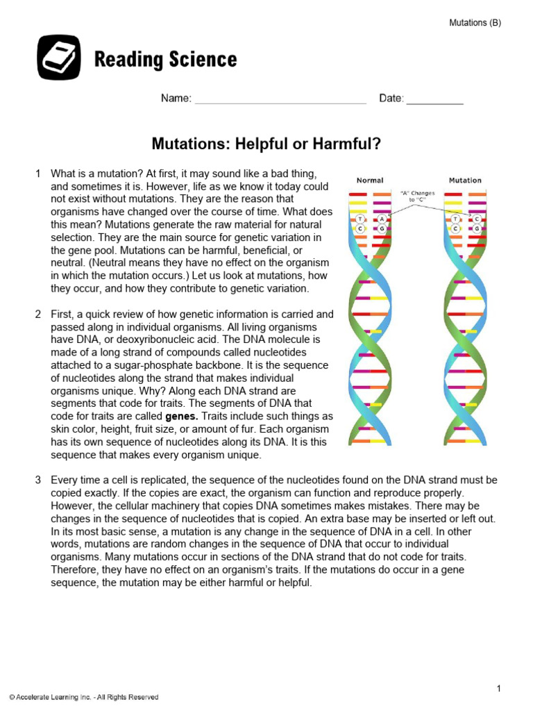 Reading Science b - Mutations Unit | PDF | Mutation | Gene