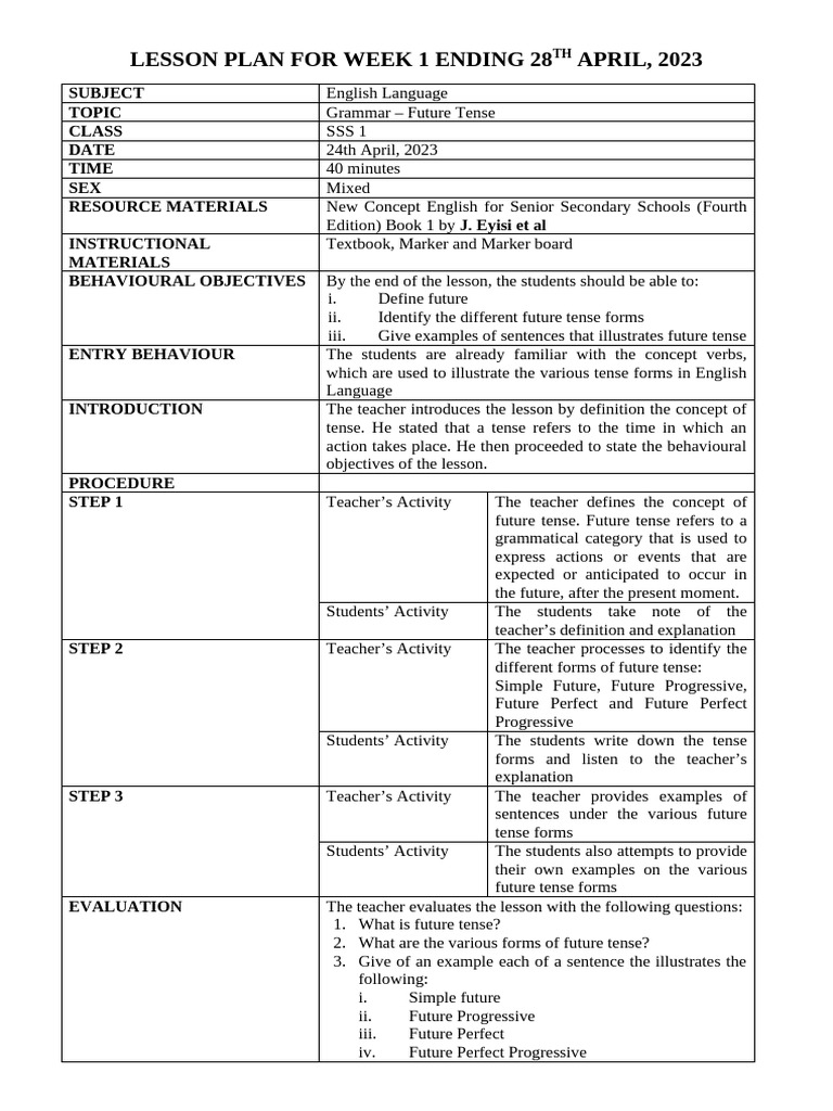 LESSON PLAN English Language | PDF | Grammatical Tense | Stress ...