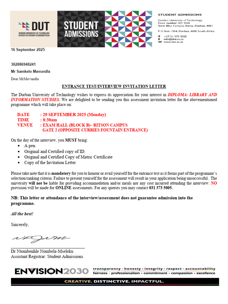 Entrance Test-Interview Invitation Letter (Lis) | PDF