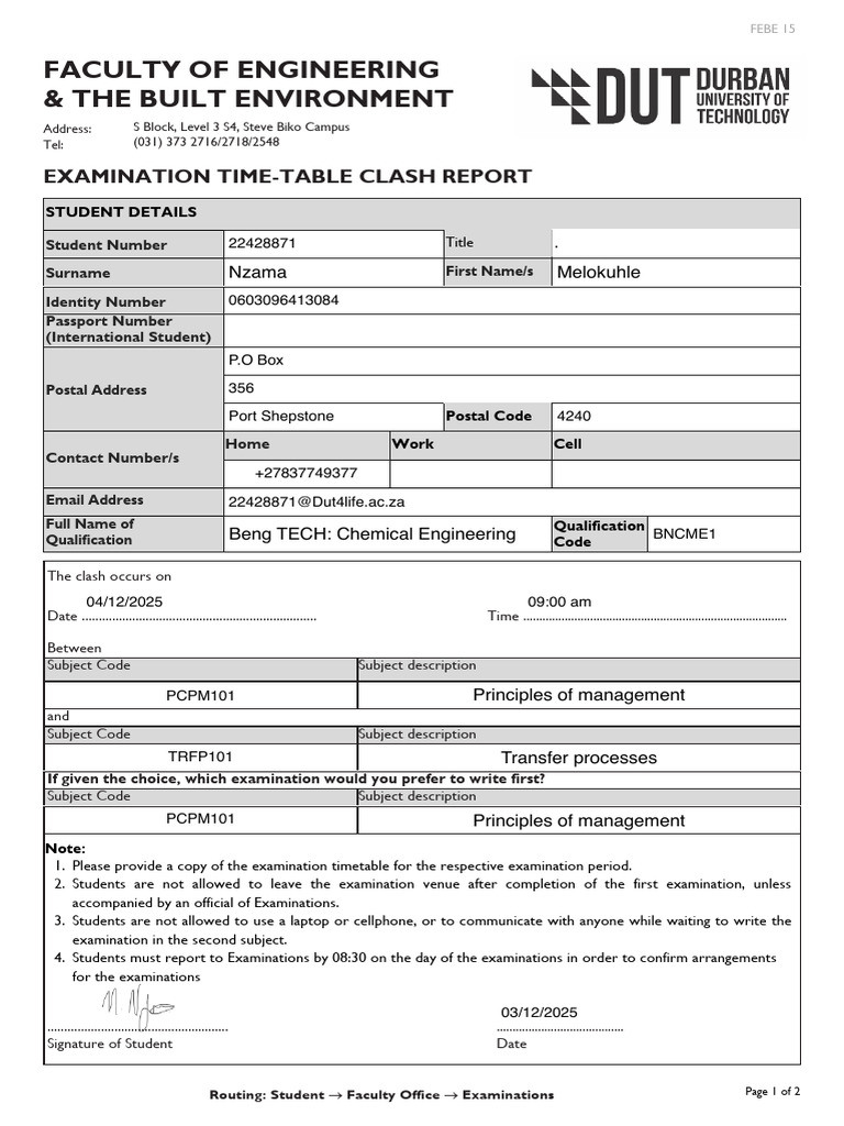 EBE 15 - Examination Time-Table Clash Report | PDF