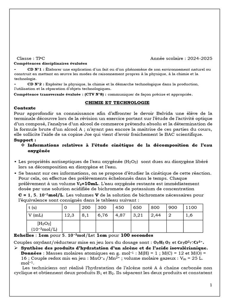 F2 2D2T PCT TleC Esperance 24-25 | PDF | Chimie | Sciences physiques