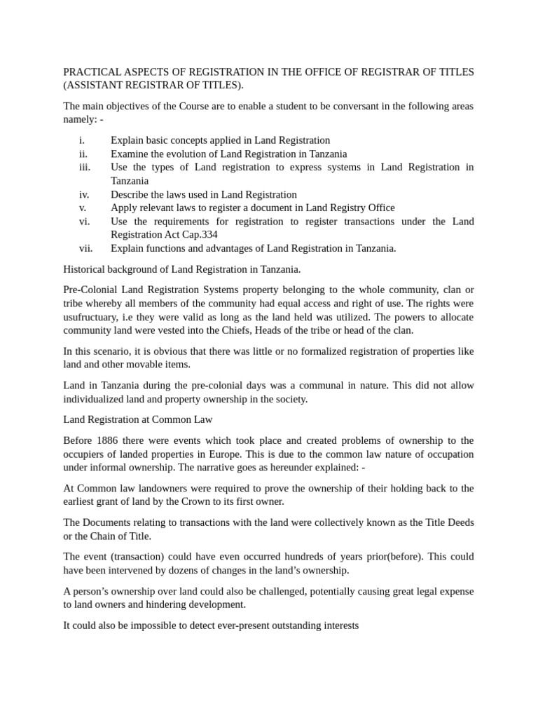 Practical Aspects of Registration in the Office of Registrar of Titles ...