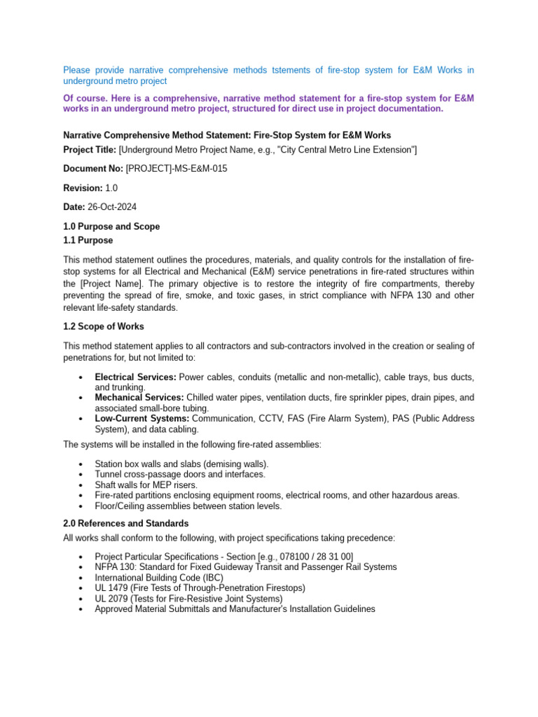 Method Statement Fire-Stop System For E&M Works | PDF | Duct (Flow) | Audit