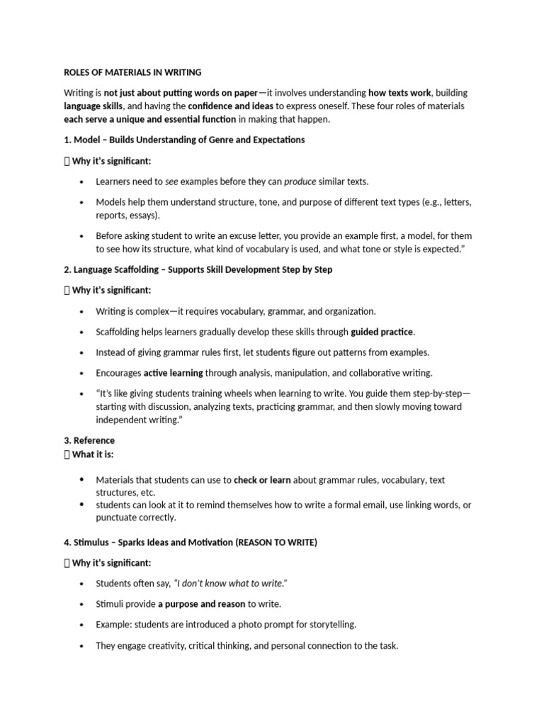 Roles of Materials in Writing | PDF