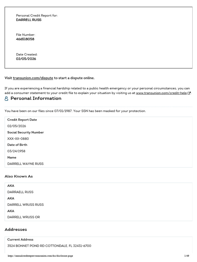 DARRELL RUSS - TransUnion Credit Report | PDF | Finance & Money ...